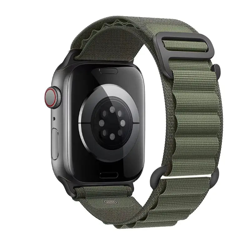Simples Market Apple Watch nylon Alpine strap in olive green; compatible with 40-49mm iWatch models