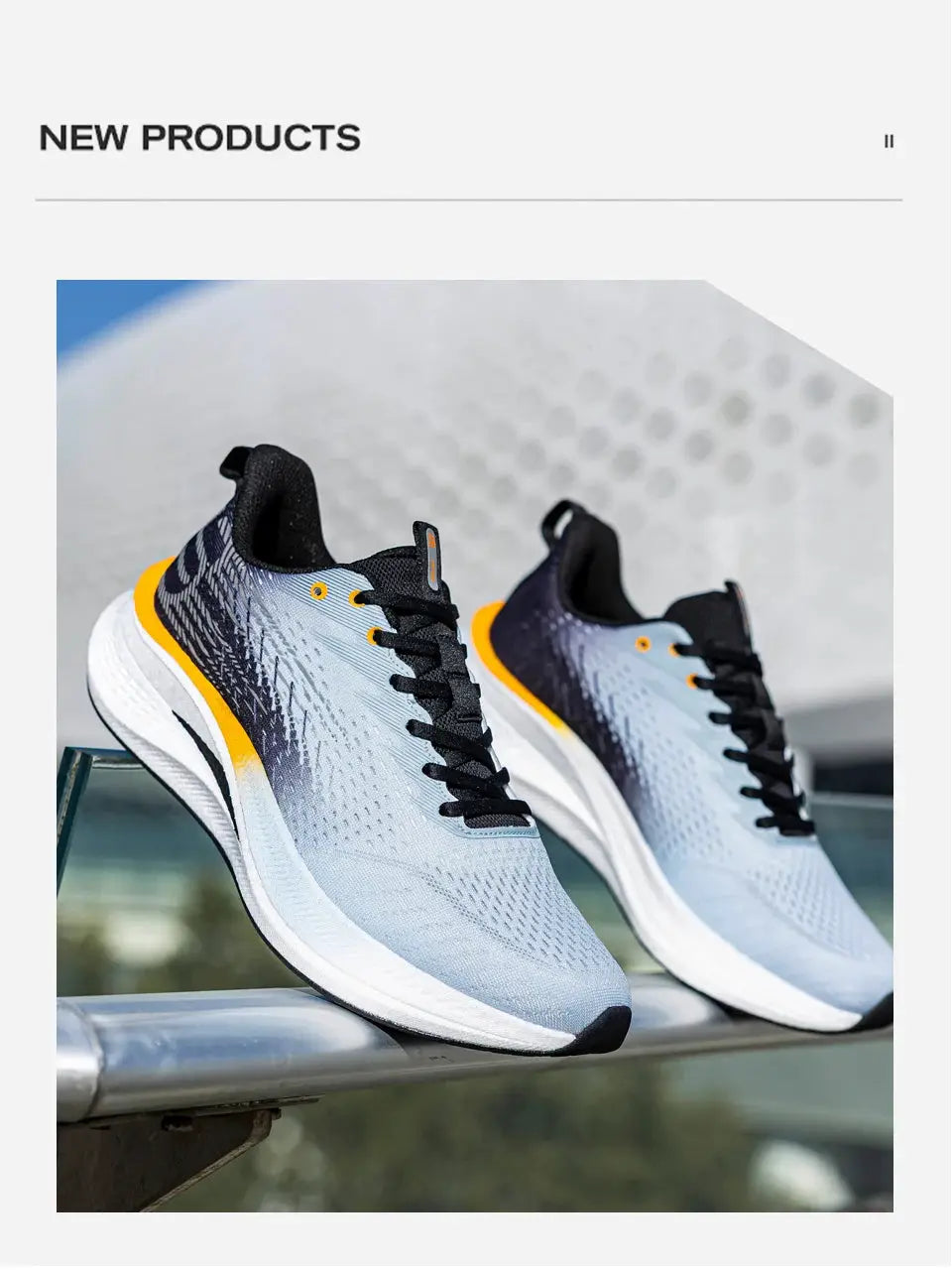 A pair of Baasploa men jogging shoes, gray-blue mesh upper with yellow accents and white midsole