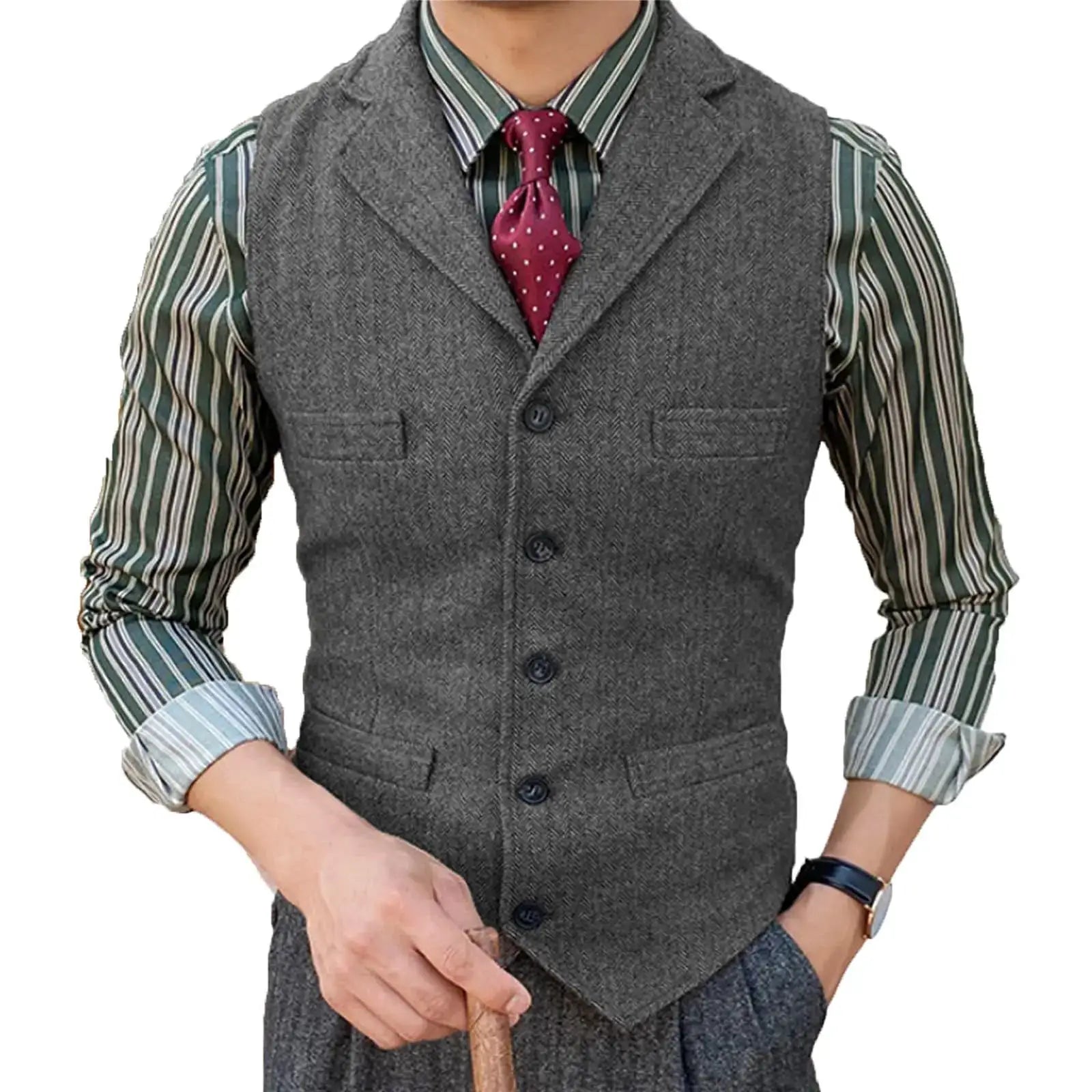 Simples Market men's wool herringbone suit vest, grey, formal waistcoat