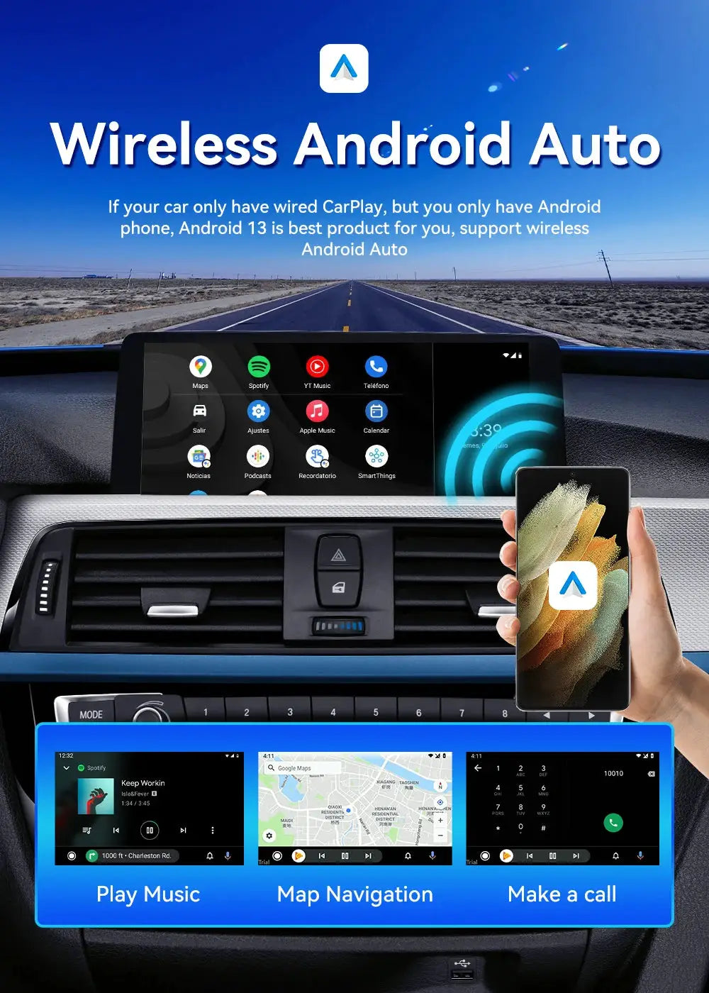 Wireless Android Auto AI TV box for cars with phone displaying app icons and split-screen infotainment on the dashboard.