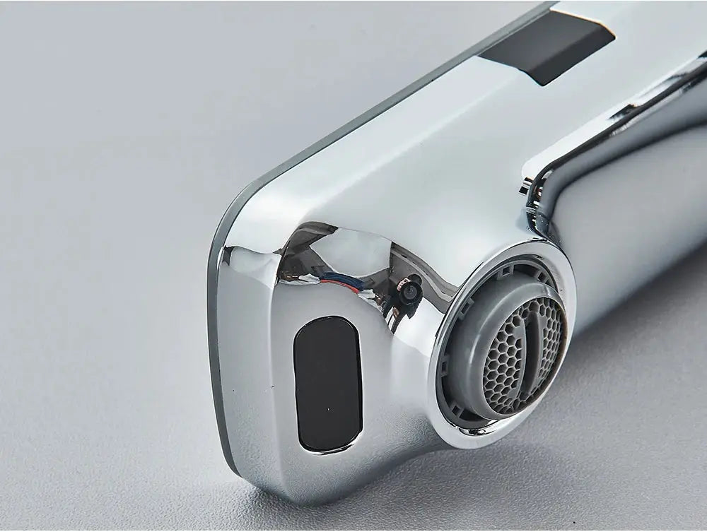 Smart sensor basin faucet body, chrome finish with circular aerator housing and black sensor panel