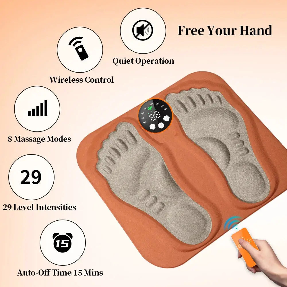 Simples Market 3D Smart Foot Massager Pad with orange border and gray foot molds, rechargeable with wireless control