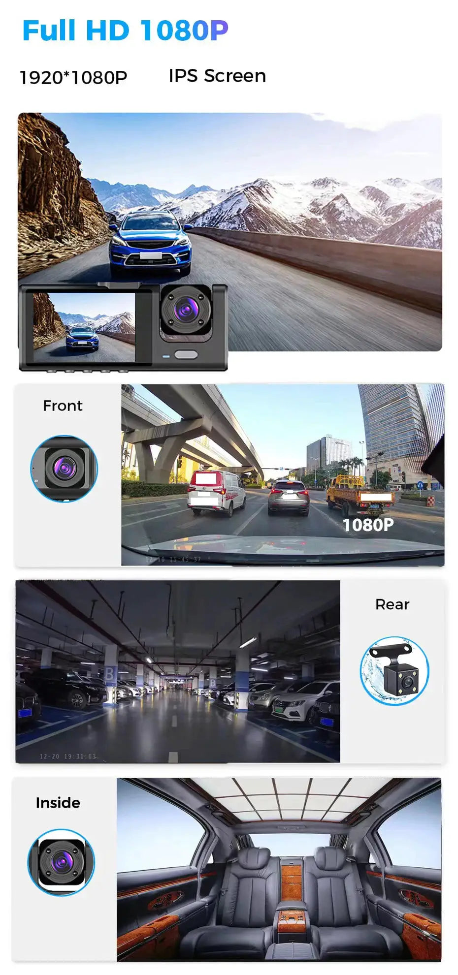 Simples Market dash cam with 2-inch IPS screen, 1080P front and rear cameras, IR night vision