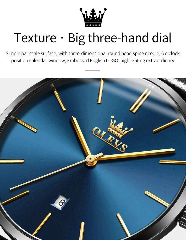 OLEVS 5869 ultrathin quartz men's wristwatch with blue dial and gold-tone hands, date window