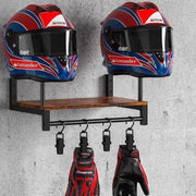 Wooden Motorcycle Helmet Wall Mount With Hooks And Multipurpose Shelf Helmet Display Stand Jacket Holders