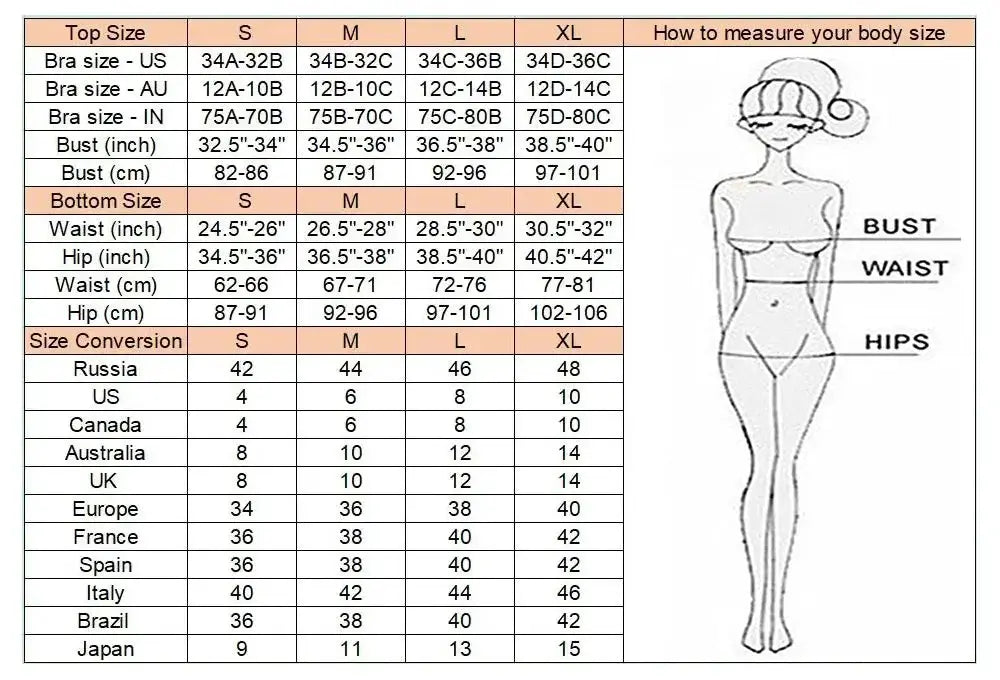 Simples Market leopard sequins halter bikini size chart; two-piece swimsuit measurements for bust, waist and hips.