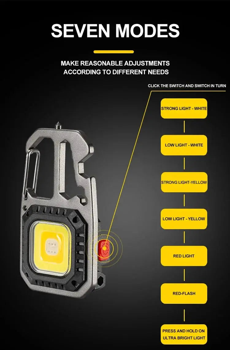 COB keychain work light by Simples Market, rechargeable with battery display, black/gray body, yellow LED panel, 8 modes