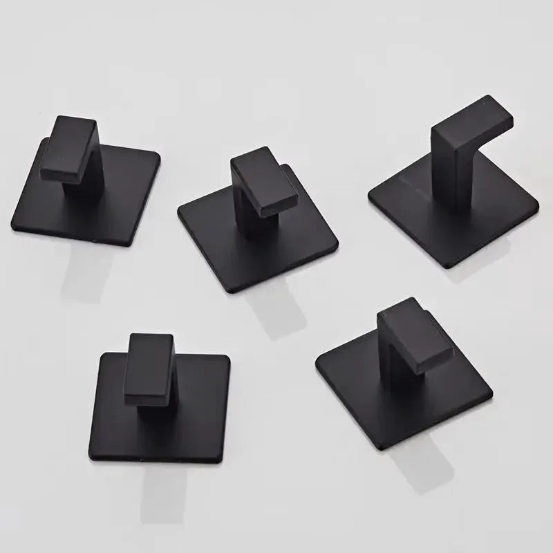 5-pack black adhesive bathroom robe hooks with square bases for towels, coats, and keys