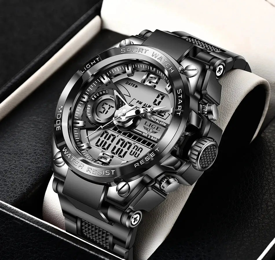 LIGE men's military digital sport watch, black stainless steel band, 50m water resistant with LED display