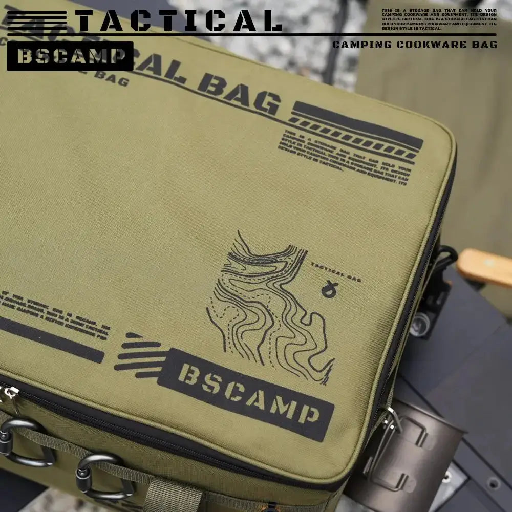 Olive green insulated tactical camping bag for cookware and tableware; waterproof and large capacity.