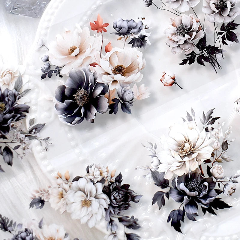 Simples Market 2m roll black and white floral PET tape for scrapbooking and journaling
