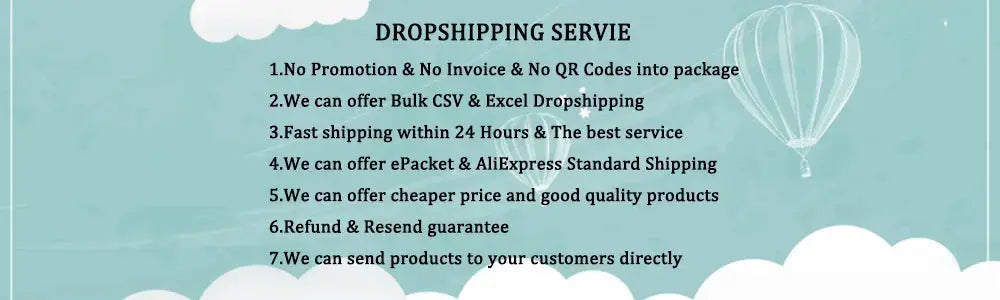 Dropshipping service banner on teal background with clouds and a balloon, listing shipping perks
