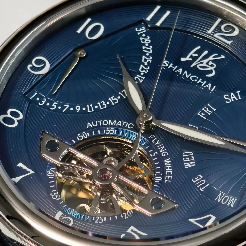 Shanghai Watch 42mm blue dial with automatic skeleton movement, calendar indicators, stainless steel case