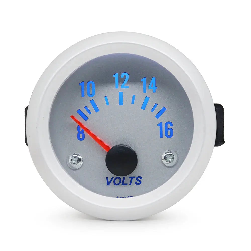 Dragon Gauge 2in LED volt gauge, 52mm round with white bezel and blue volt scale