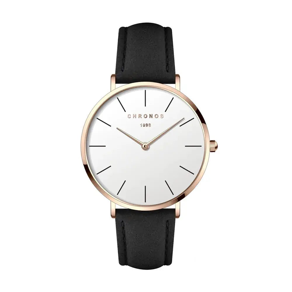 Chronos unisex quartz wristwatch with rose-gold case and black leather strap