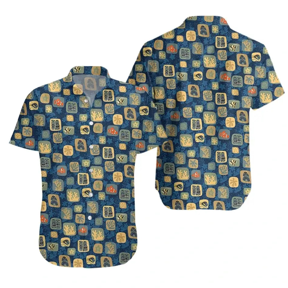 Hawaiian flower casual shirt, blue coconut-tree pattern, Simples Market unisex (2 shirts)
