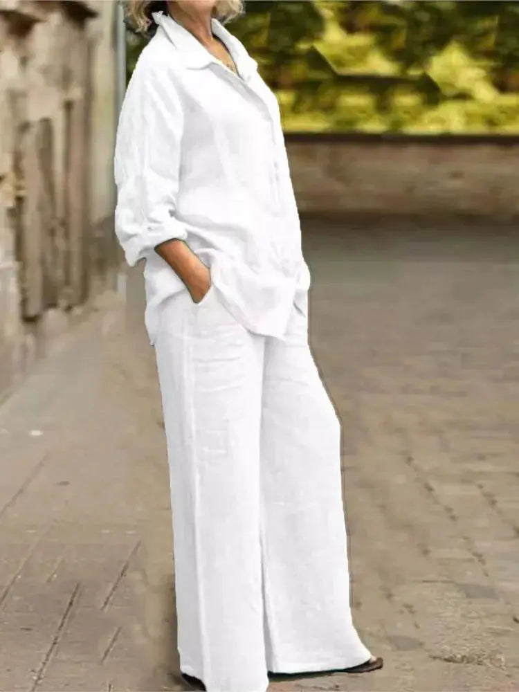 Cotton Linen Shirt Two Piece Set For Women With Wide Leg Trousers