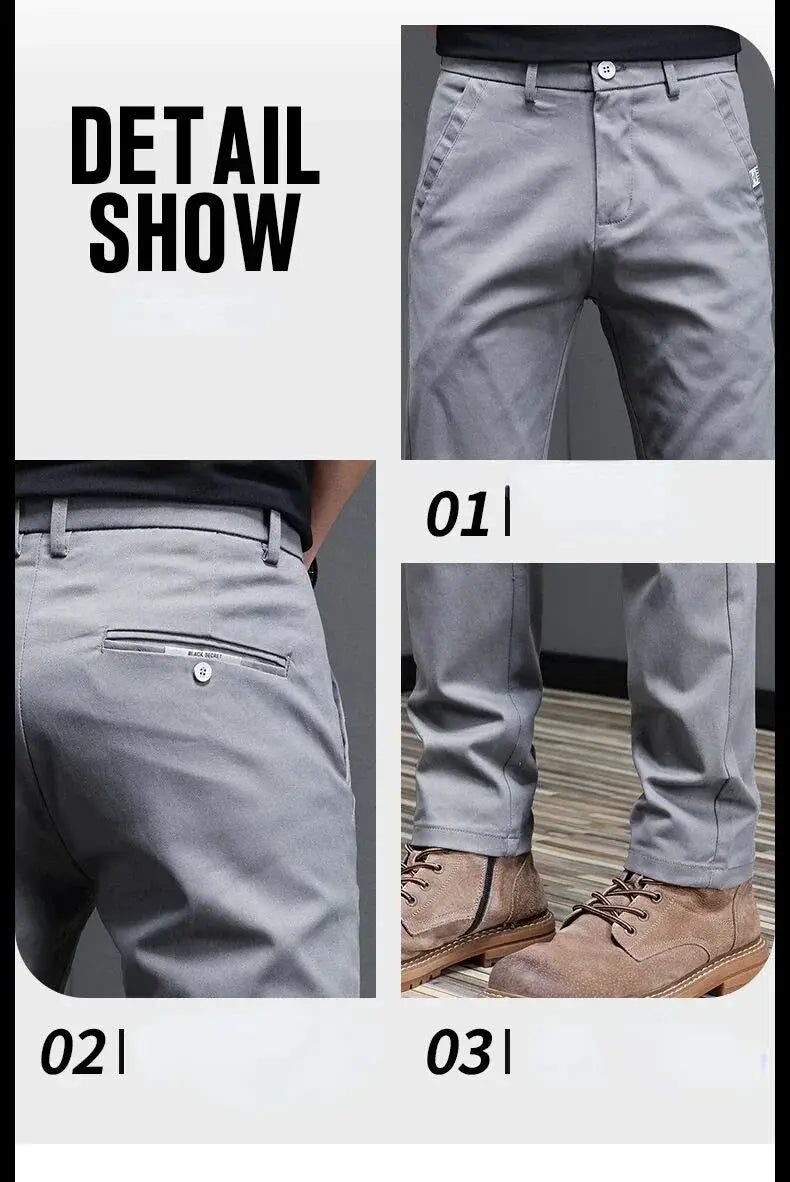 Men's casual pants by Simples Market, gray cotton slim-fit trousers (97.8%), three-view collage