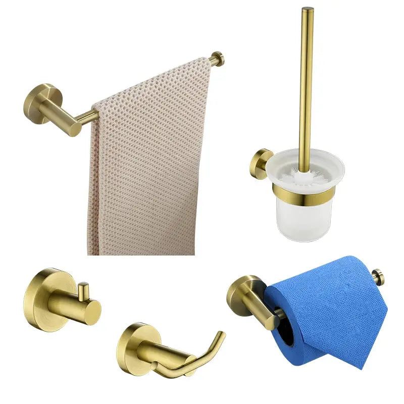 Simples Market brushed gold 5-piece hardware set: towel bar, toilet paper holder, robe hook, toilet brush holder.