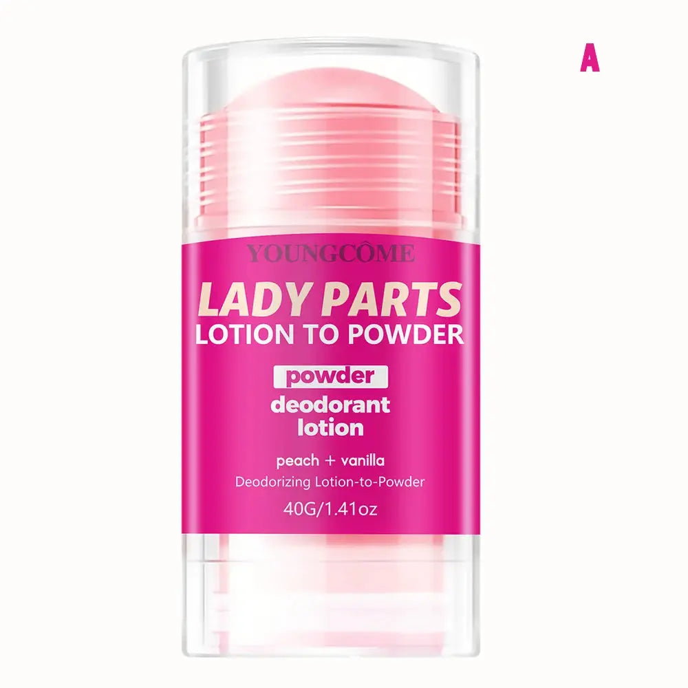 Lady Parts lotion-to-powder deodorant stick by Youngcome, peach + vanilla scent, 40g