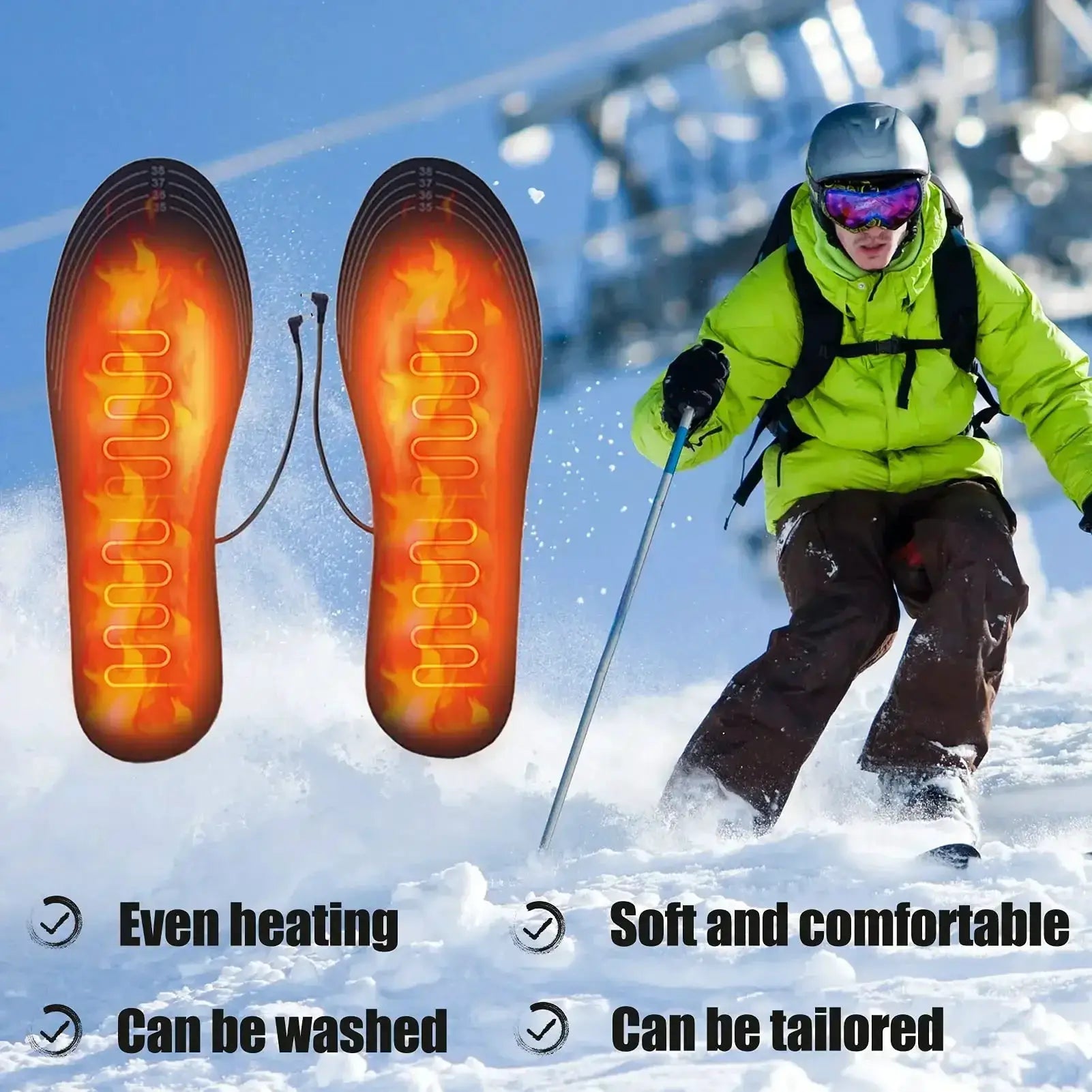 Pair of Simples Market USB heated insoles, orange shoe insoles with warming coil design for winter warmth