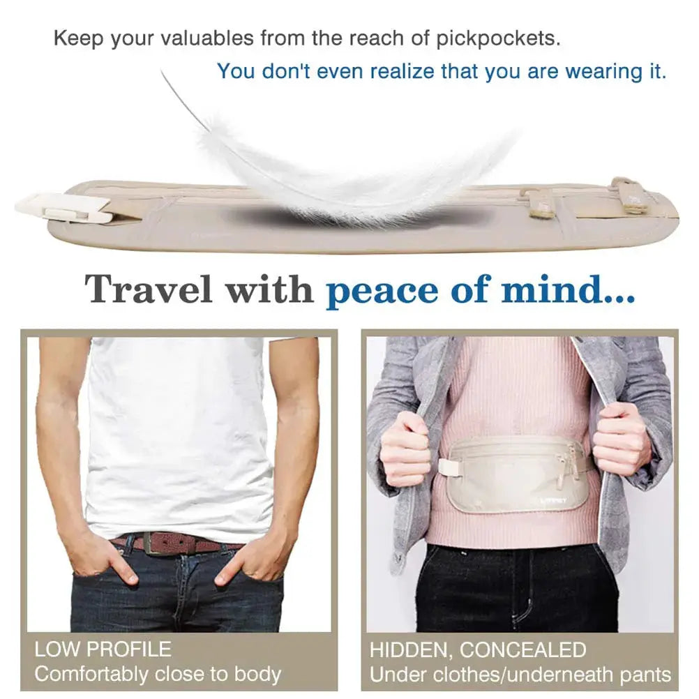Invisible travel waist pack belt bag, beige for passport and money, hidden under clothing.