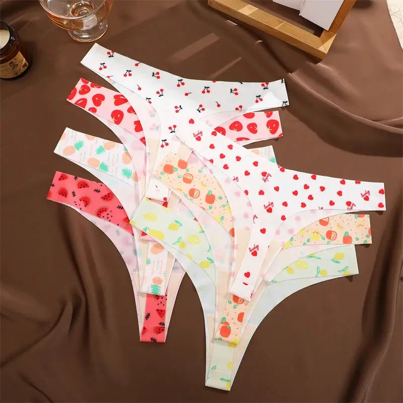 Thong set for women, ultra-thin seamless, 3pcs with colorful graphic prints
