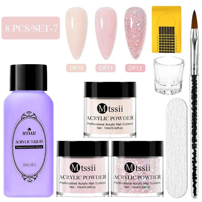 MTSSII acrylic powder nail system set 8pc with clear nude pink swatches, monomer liquid, jars, brush