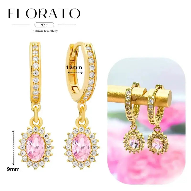 Hoop earrings with pink oval zircon pendant and crystal halo on gold-tone finish; Florato 925