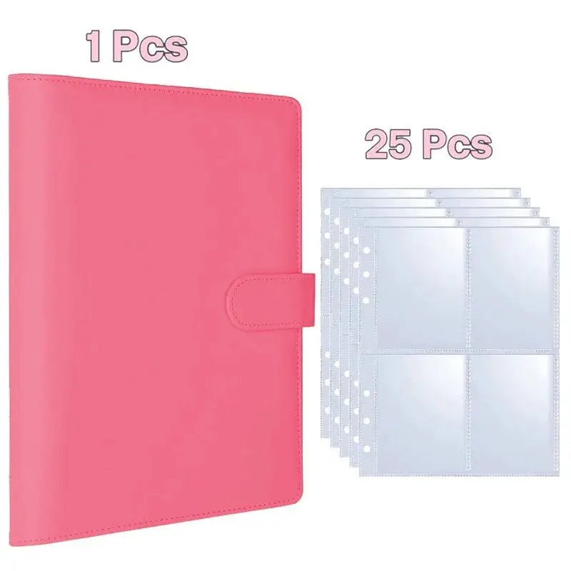 Pink PU leather A5 photocard binder with 25 loose-leaf pages featuring 4-grid photo slots