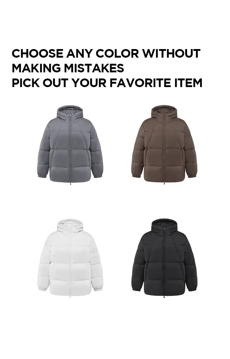 Semir men’s down jackets set by Simples Market in grey, brown, white and black, hooded puffer outerwear