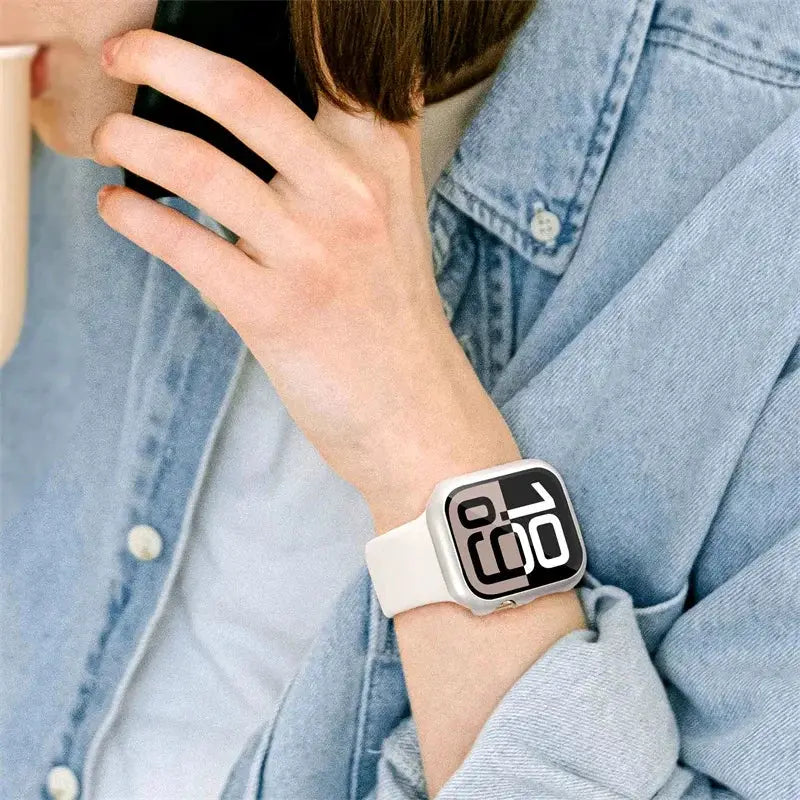 Apple Watch tempered glass screen protector and protective case with white band by Simples Market; fits 38–46mm