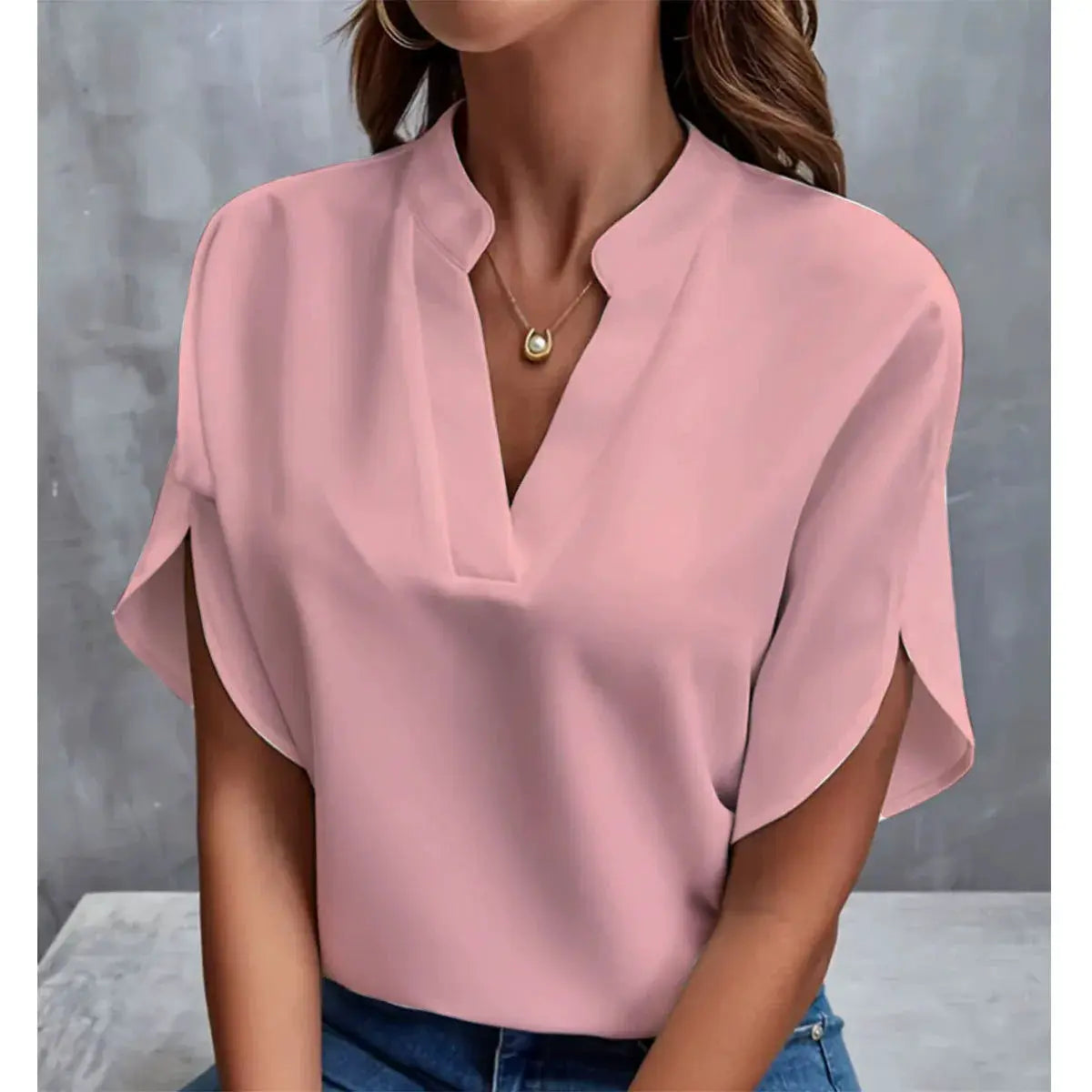 VEITCHE Summer Women Casual Solid Blouse V Neck Half Sleeve Pullover Loose Fit Office Tops