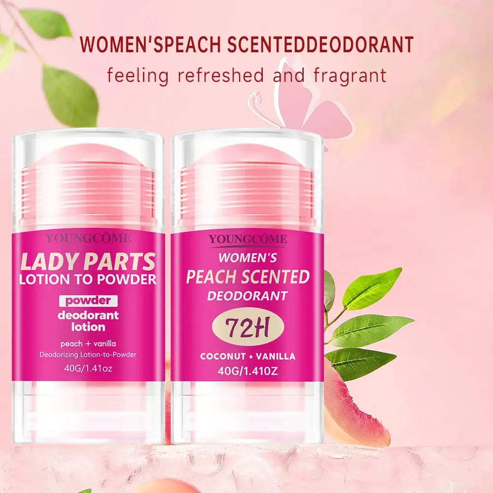 Two YoungCome women's peach-scented deodorant sticks in pink packaging (40g each)