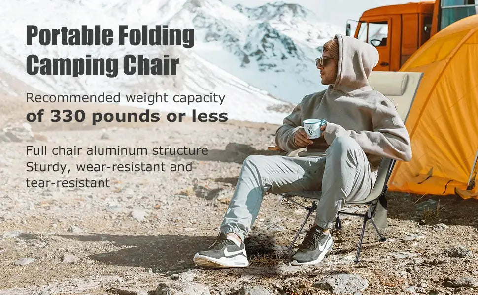 WESTTUNE portable folding camping chair with headrest, aluminum alloy frame, gray fabric