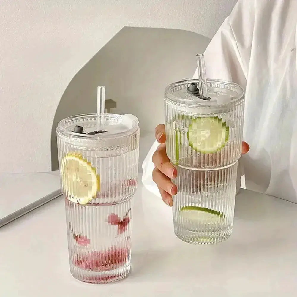 600ml Stripe Glass Cup With Lid And Straw Transparent Drinking Glass