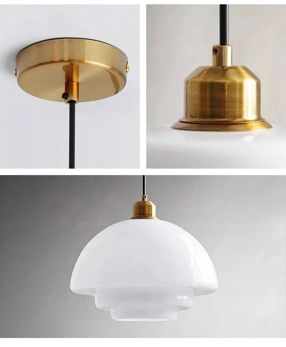 Nordic glass pendant lamp with brass canopy and white frosted dome shade for kitchen island or dining room.
