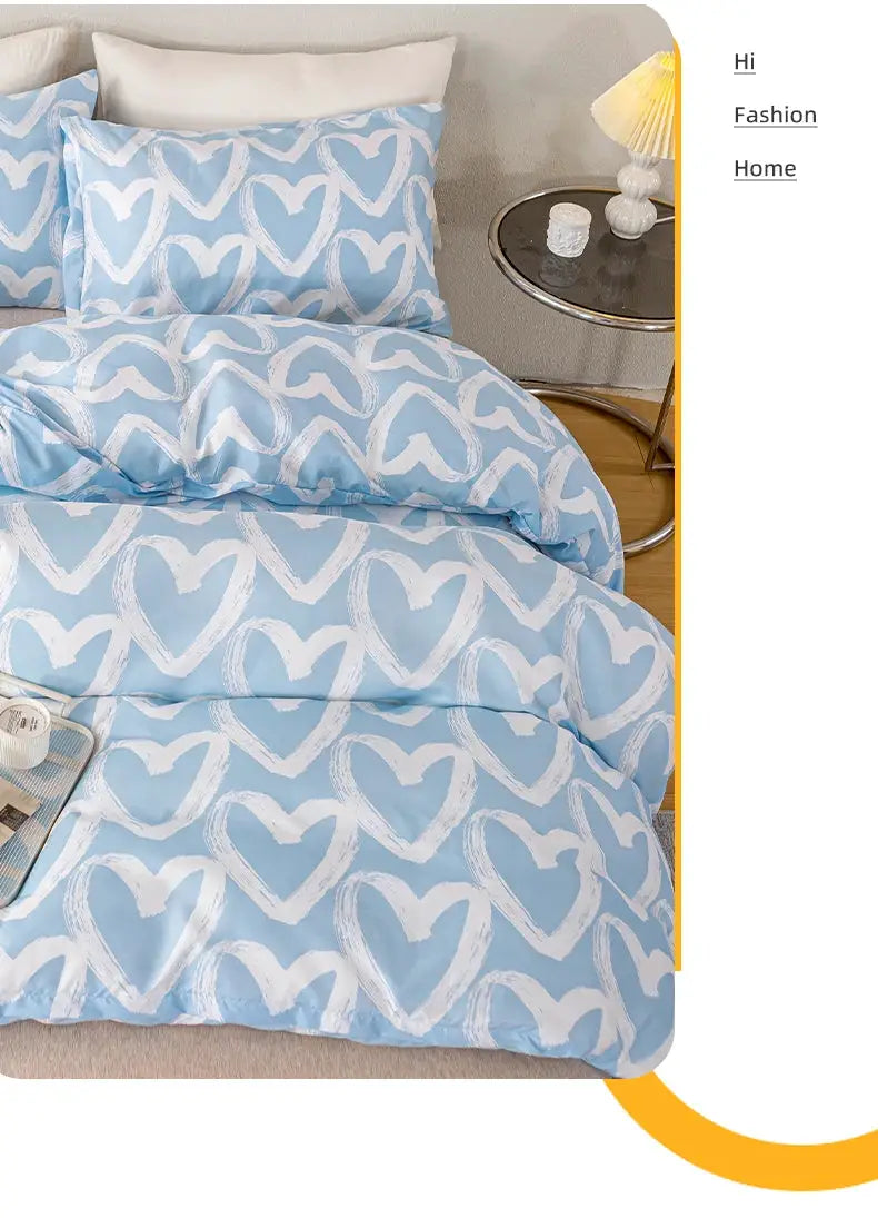 Blue heart-print duvet cover set with two matching pillowcases; 3-piece bedding