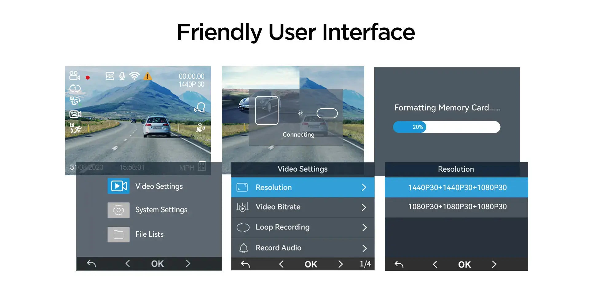 VIOFO A229 PLUS dash cam three-panel UI collage showing Video Settings, Resolution options, and memory card formatting