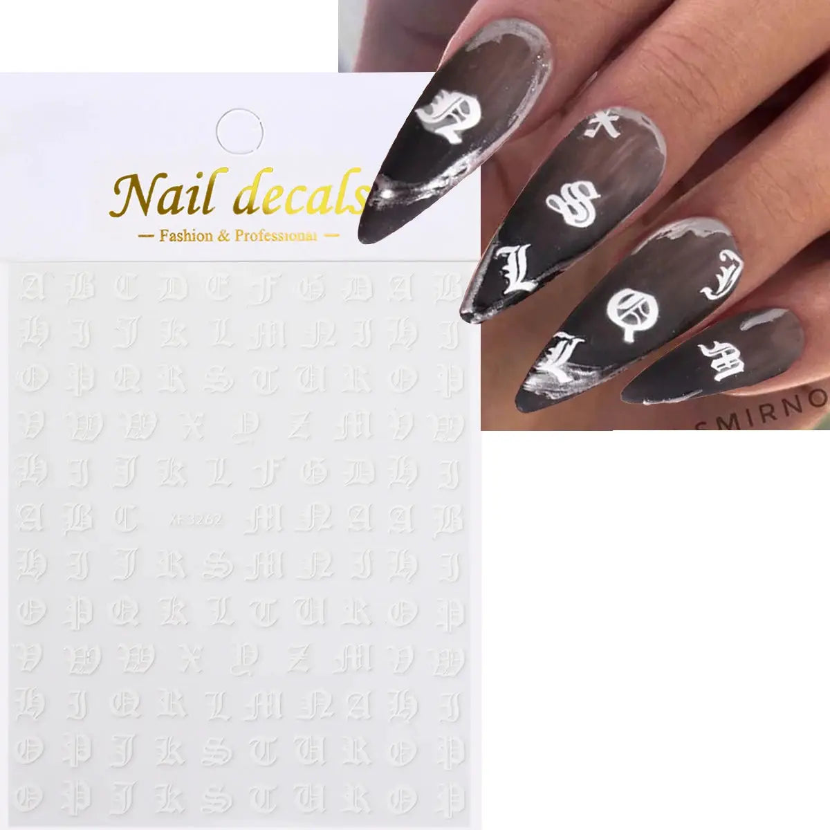 3D alphabet nail stickers by Simples Market; laser silver/gold 26-letter decals on 8x10cm sheet, self-adhesive.