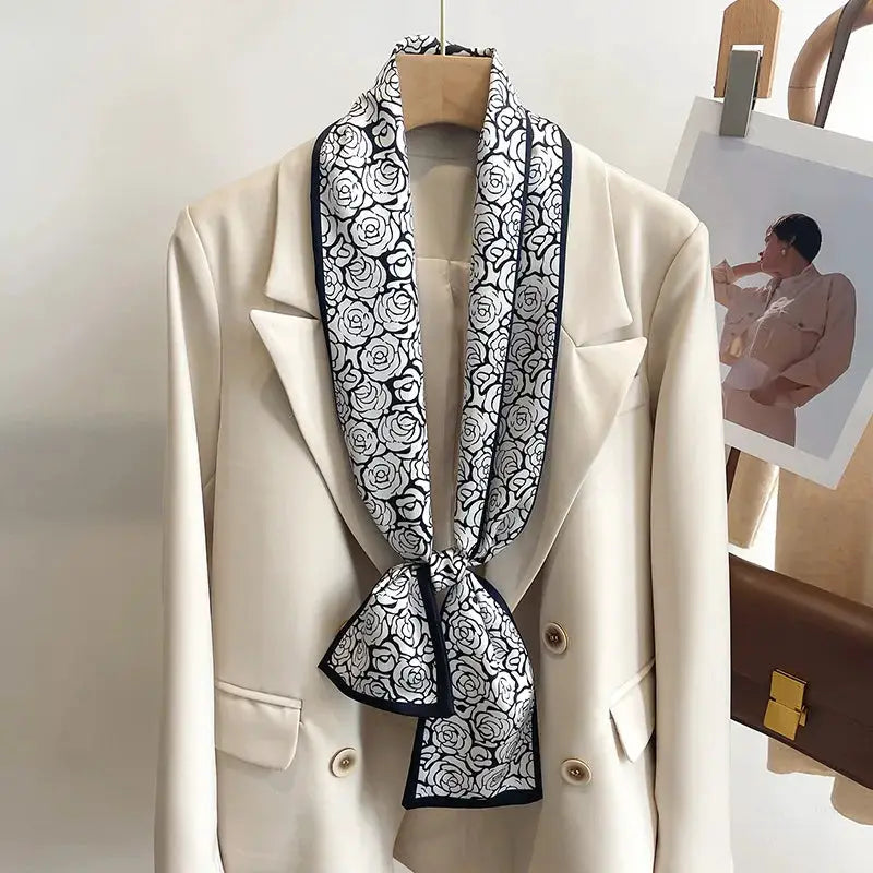 LuxeSilk Silk Feel Printed Design Scarf Versatile Long Narrow Silk Shawl For Fashionable Styles
