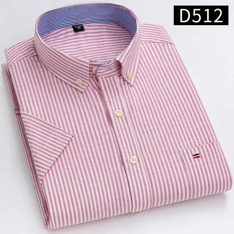 Men's pink and white striped cotton Oxford shirt, short sleeves, button-down collar, pocket with small flag emblem