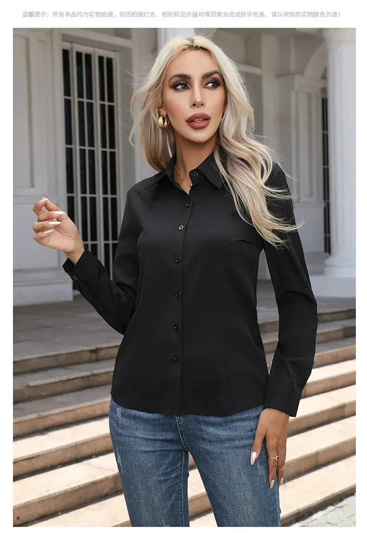 Women's black chiffon button-down blouse with turn-down collar and long sleeves from Simples Market