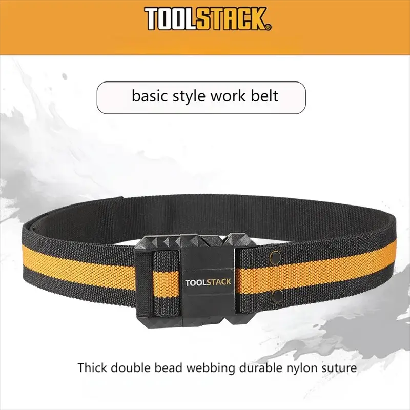 ToolStack work belt with quick-release steel buckle and black nylon strap with orange stripe