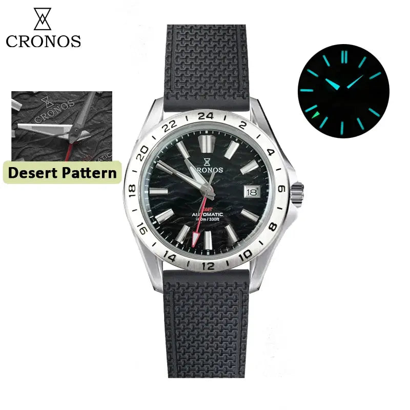 Cronos GS mechanical men's watch with black dial, stainless steel case and textured black bracelet