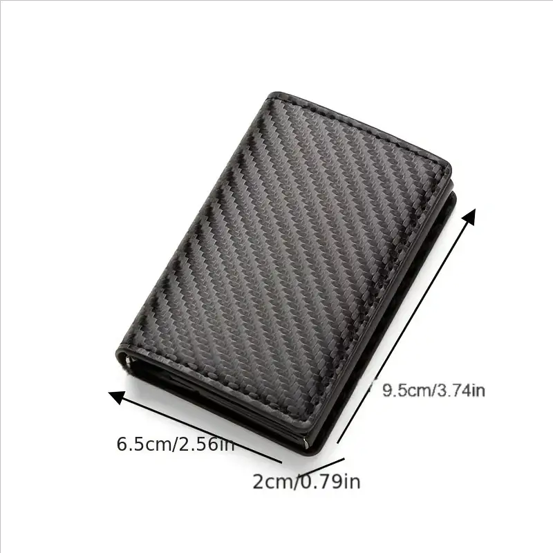 Anti-theft RFID card holder wallet in black PU leather, slim textured design, 9.5x6.5x2 cm.