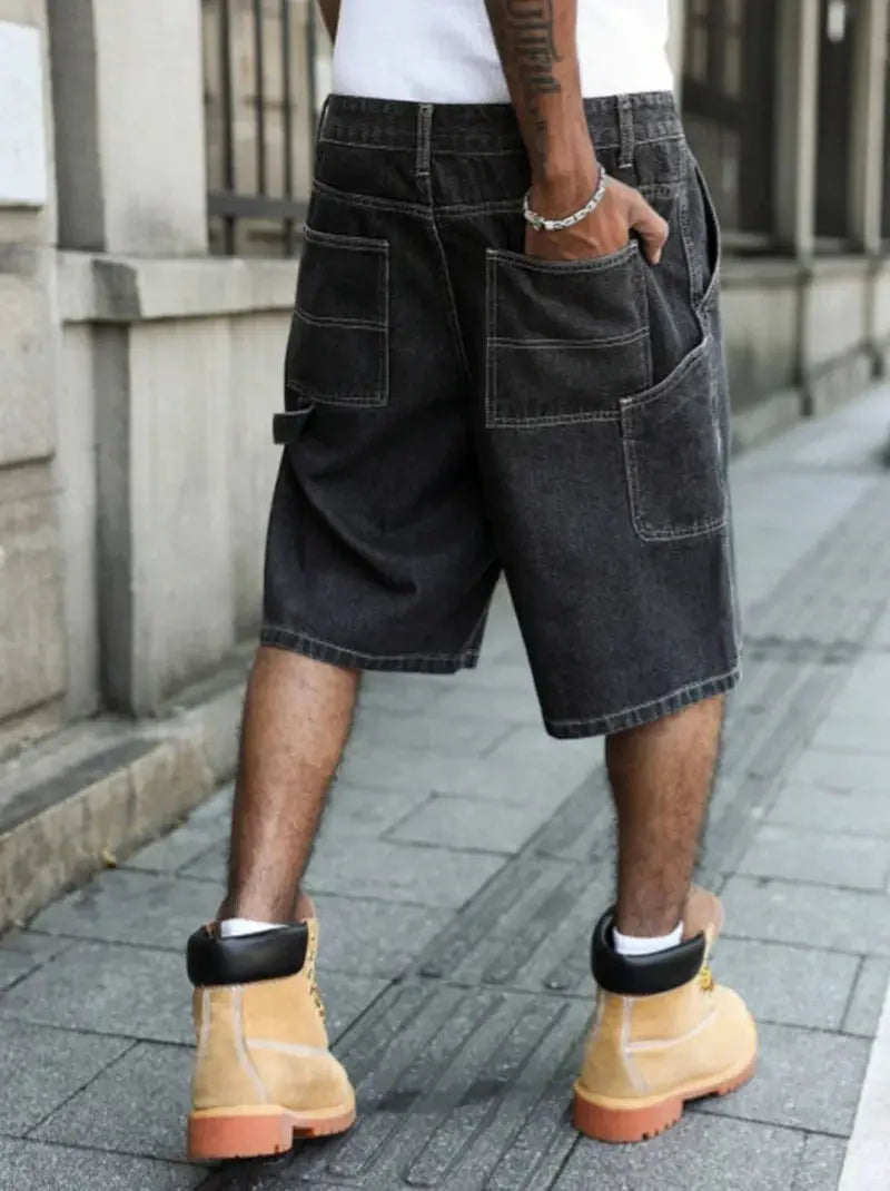 Men's Summer black-grey denim shorts; loose baggy fit with large pockets