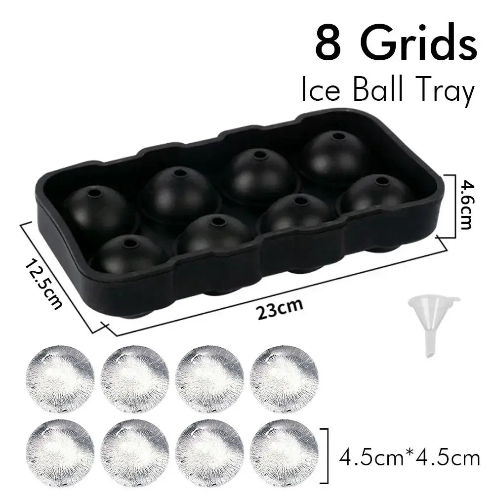 Simples Market black silicone 8-grid ice ball tray with lid, makes 4.5 cm ice spheres.