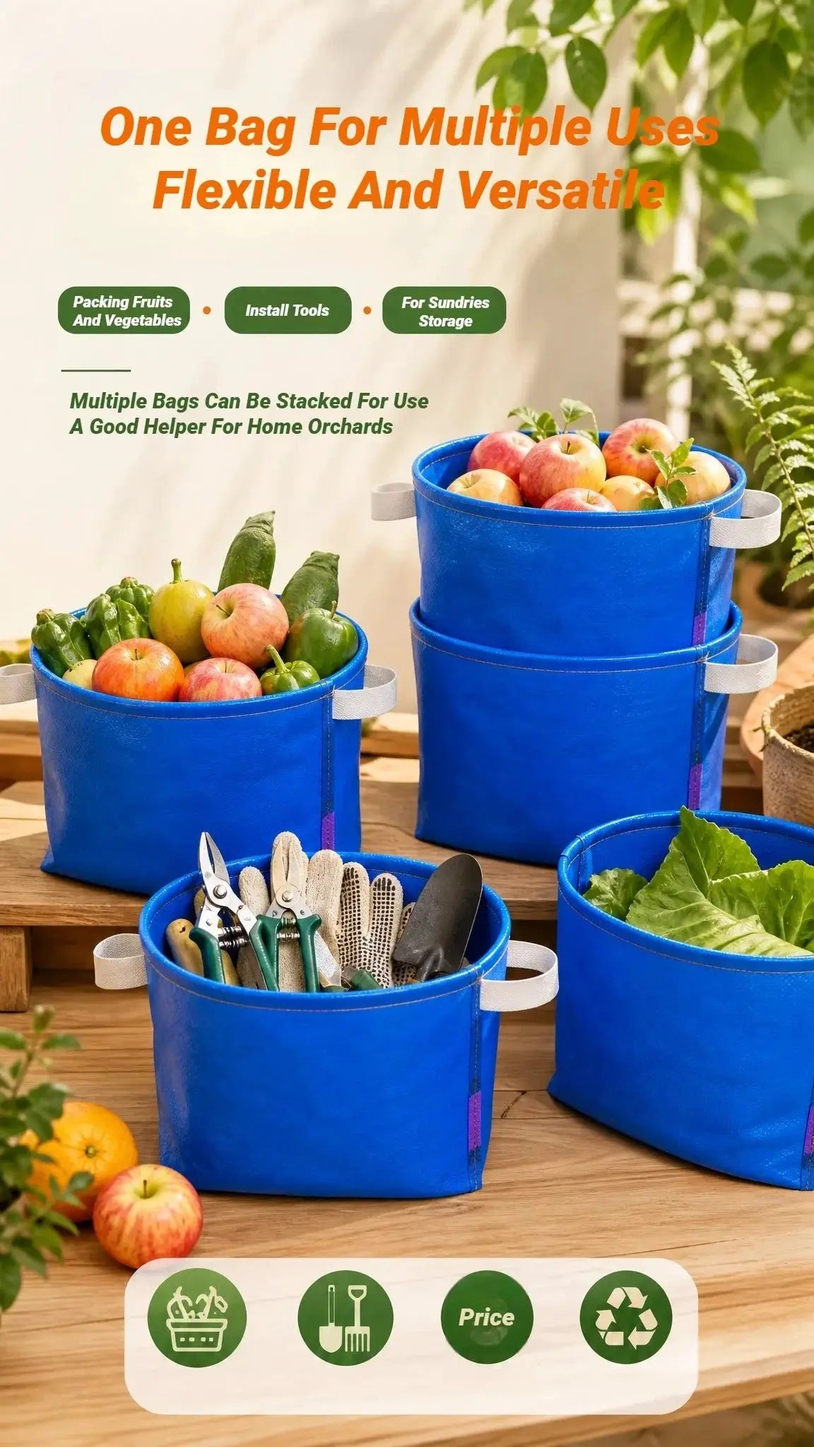 Waterproof fruit and vegetable harvesting apron; blue Simples Market four-bag harvest set