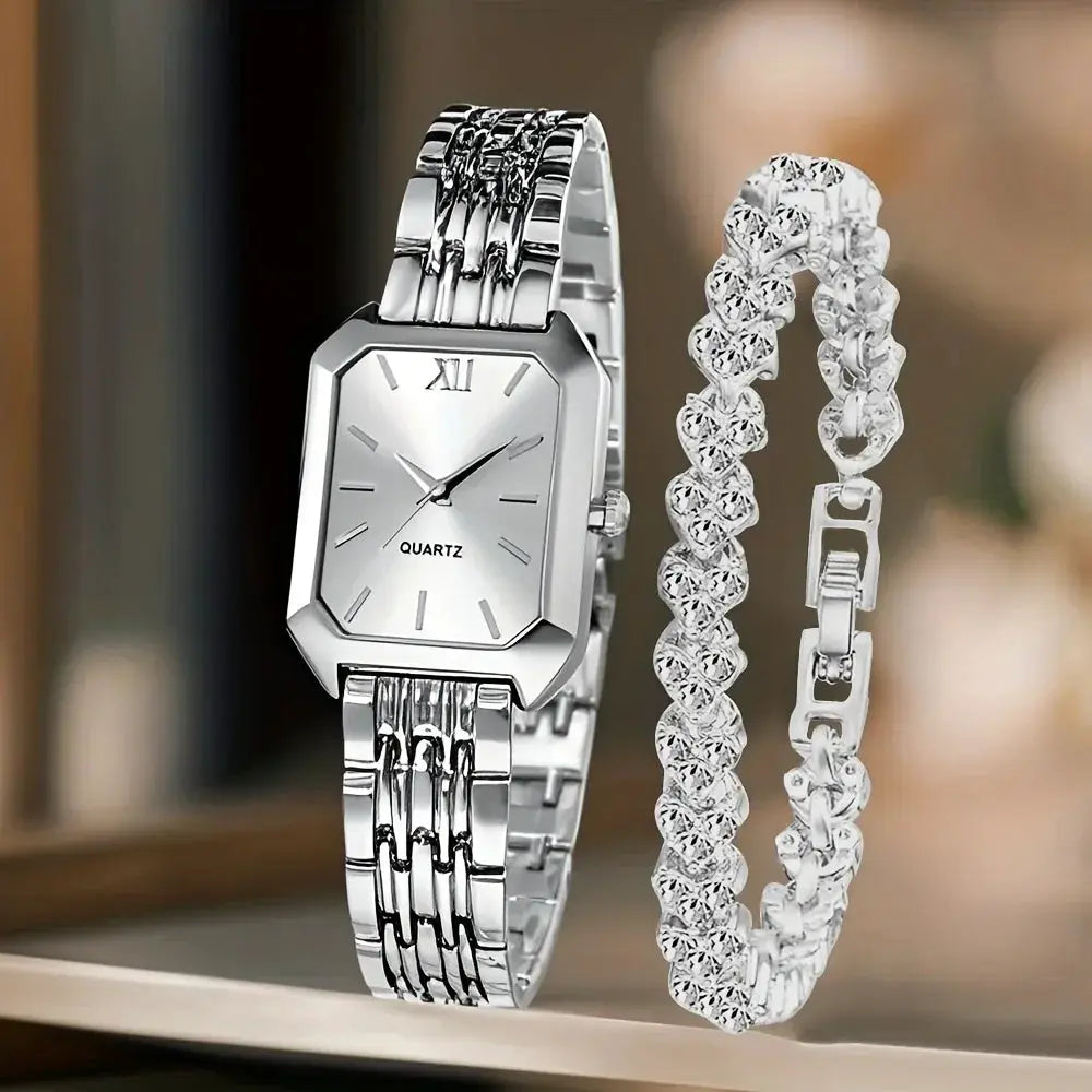 Women's quartz watch and rhinestone bracelet 2-piece set in silver-tone